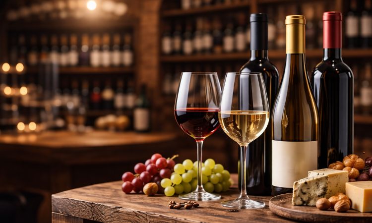 Botellas y copas de vino tinto y blanco sobre mesa de madera de bodega, representando la selección de vinos en hostelería profesional.
